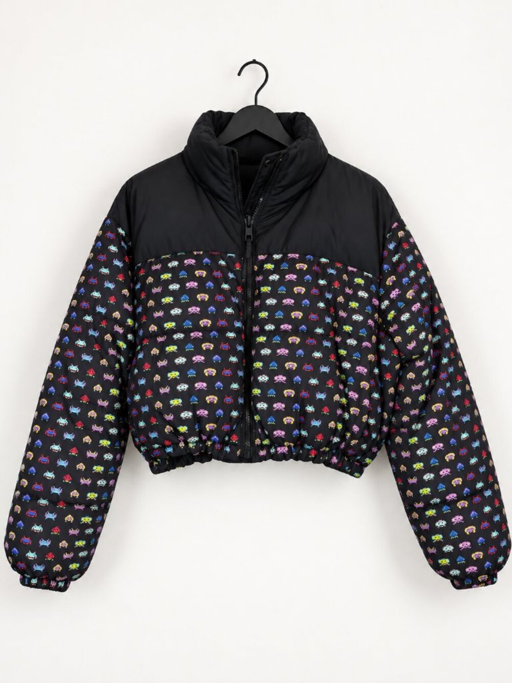 Zara Puffer Jacket Space Invaders Arcade Cropped Black Reversible Streetwear XL